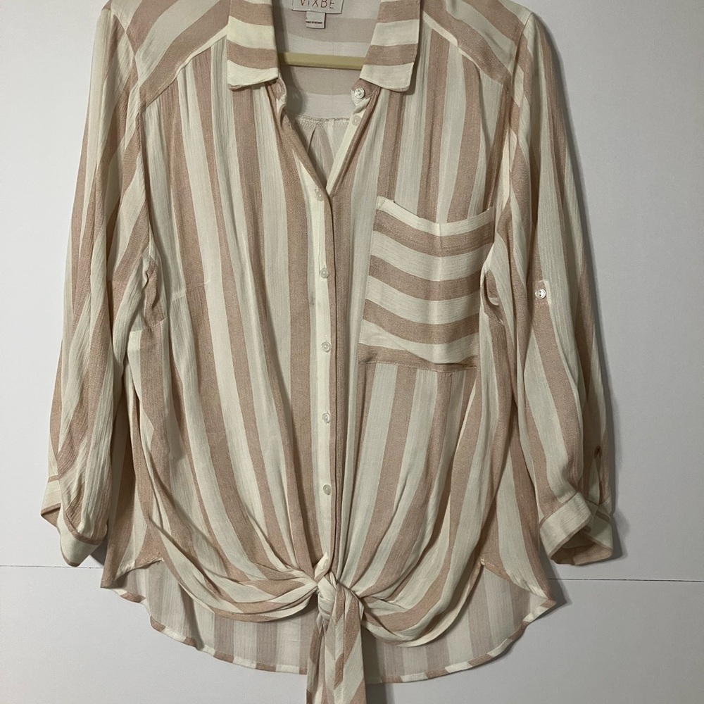 Vixbe Woman’s Chic Striped Button-Down Shirt - Beige and Cream 100% Rayon